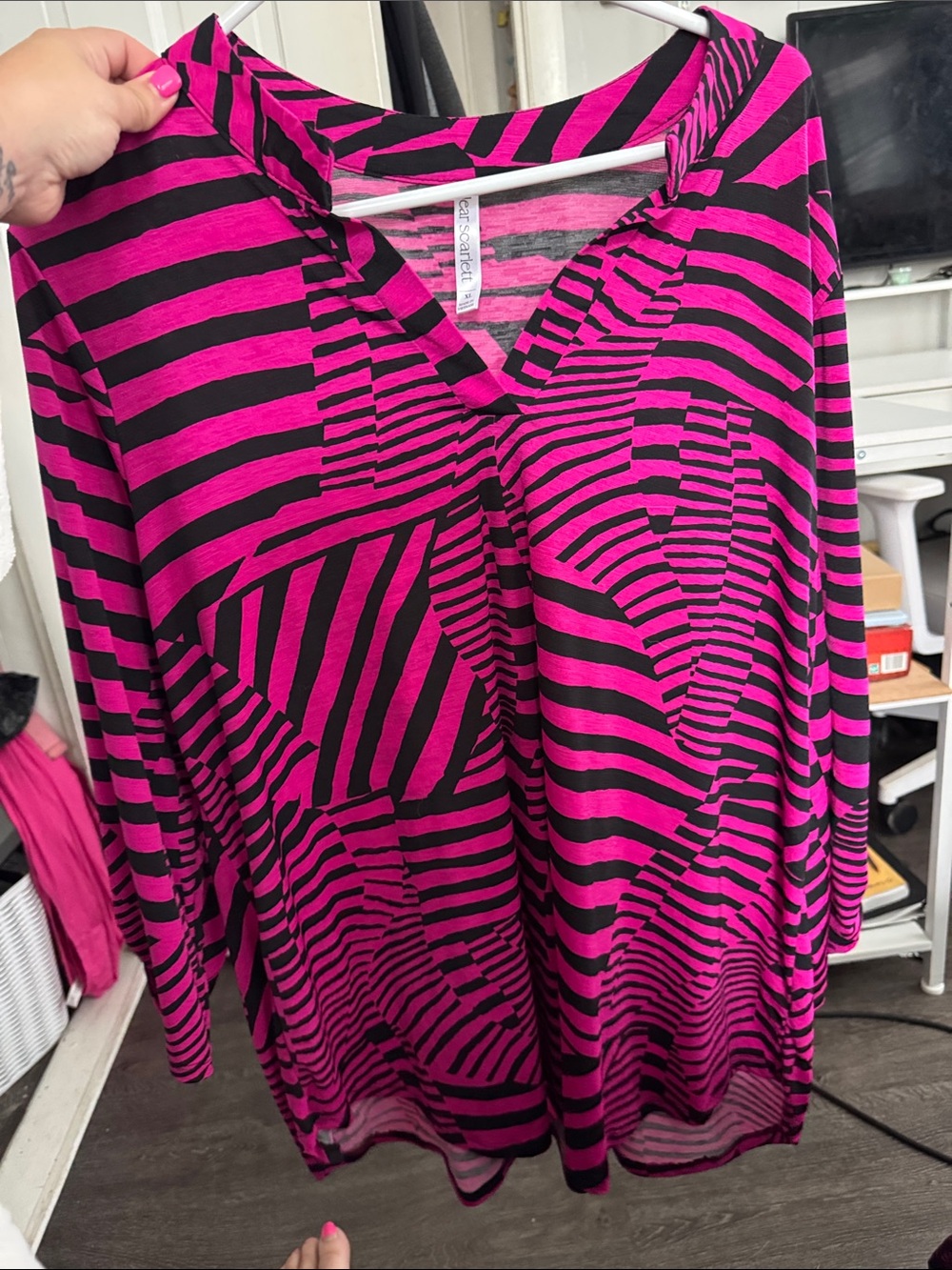 Bold Pink & Black Striped V-Neck Tunic Top by Love Stitch